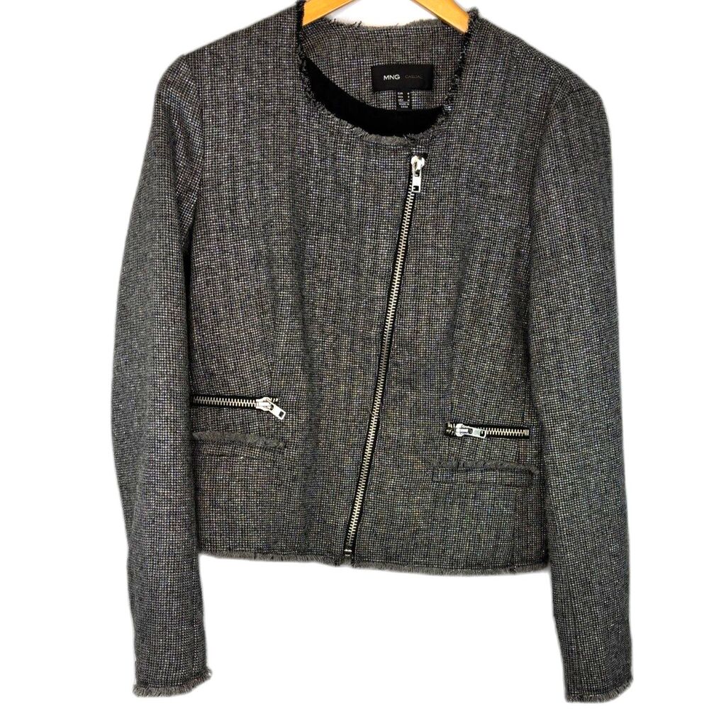 Womens MNG Casual Tweed Asymmetrical Blazer Metal Zippers Pockets Raw Hem Small